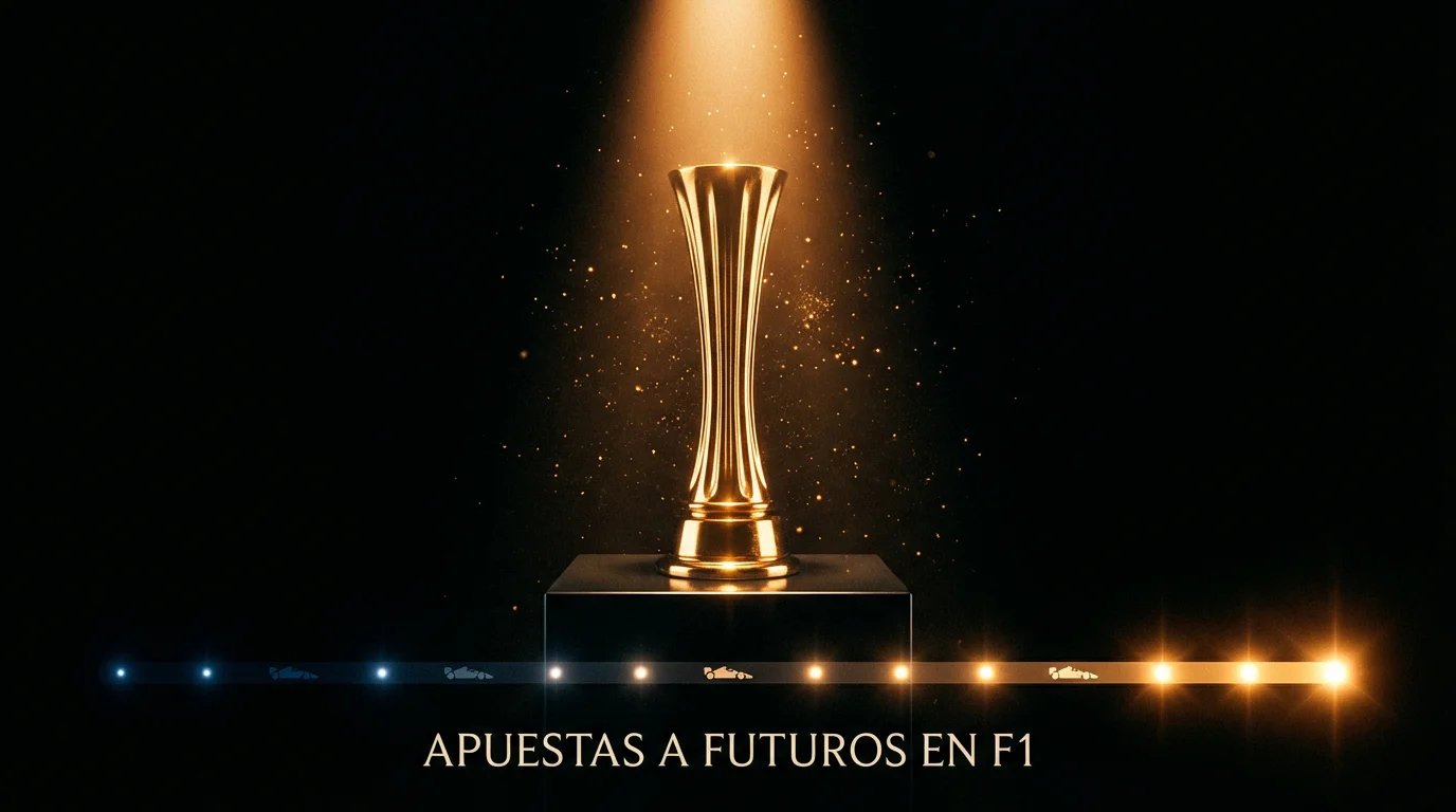 Trofeo del campeonato mundial de Fórmula 1 sobre un podio iluminado