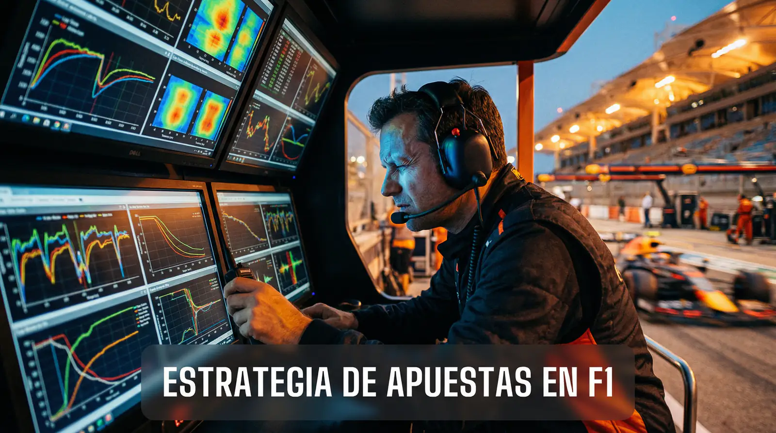 Ingeniero de Fórmula 1 analizando datos de carrera en el muro de boxes