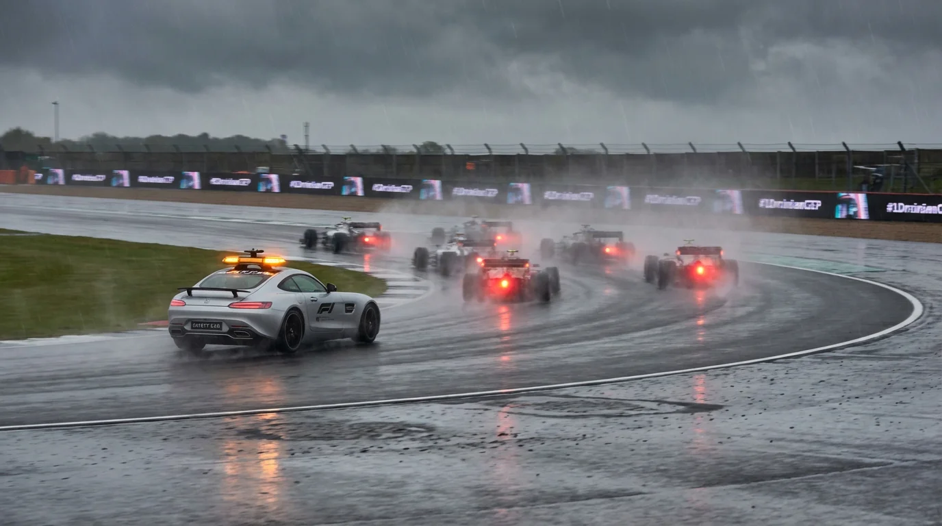 Safety car de Fórmula 1 liderando el pelotón en pista mojada — apuestas en vivo F1
