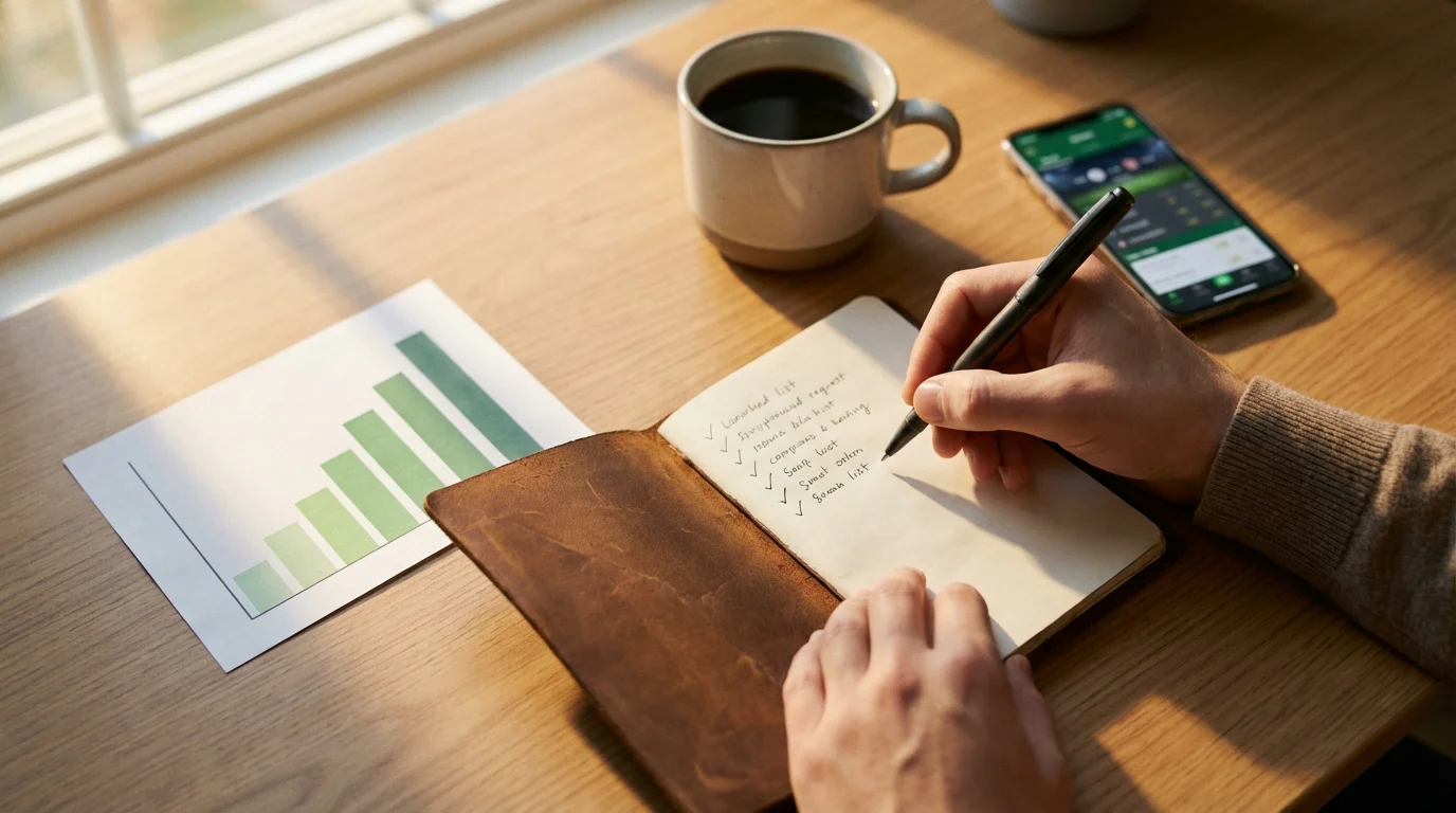 Persona planificando su presupuesto de apuestas de F1 con un bloc de notas y gráfico simple en una mesa
