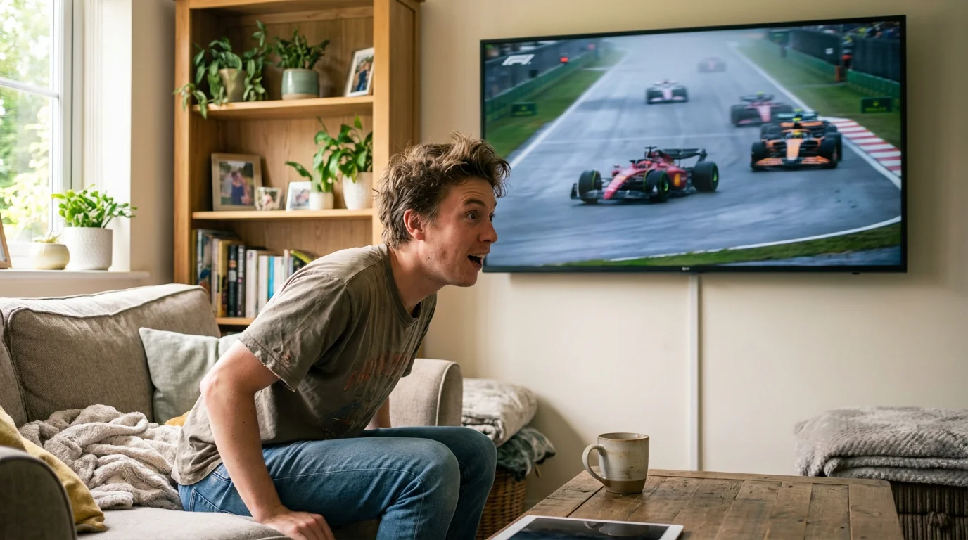 Persona viendo su primera carrera de F1 en televisión con expresión de entusiasmo y curiosidad