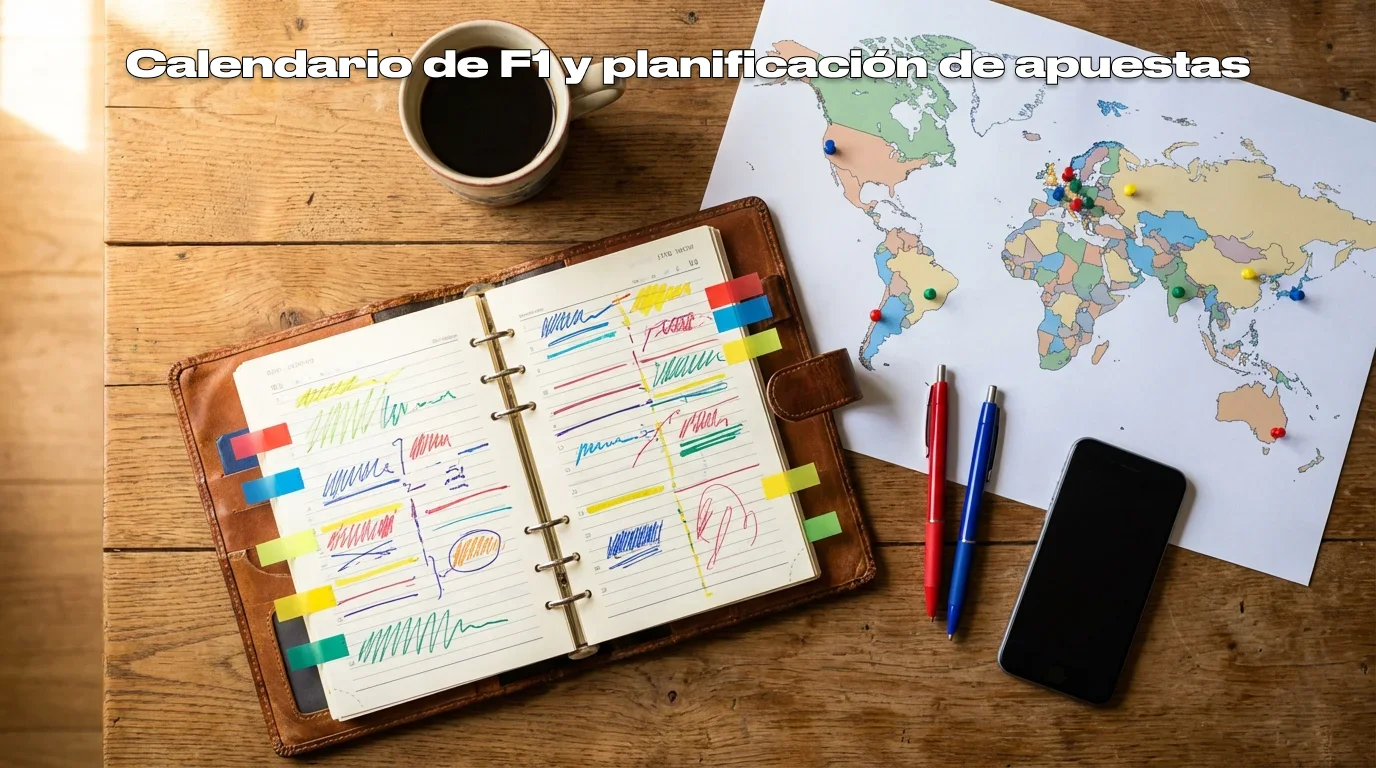 Planificador con notas y marcadores de colores junto a un mapa del mundo con circuitos de F1 señalados