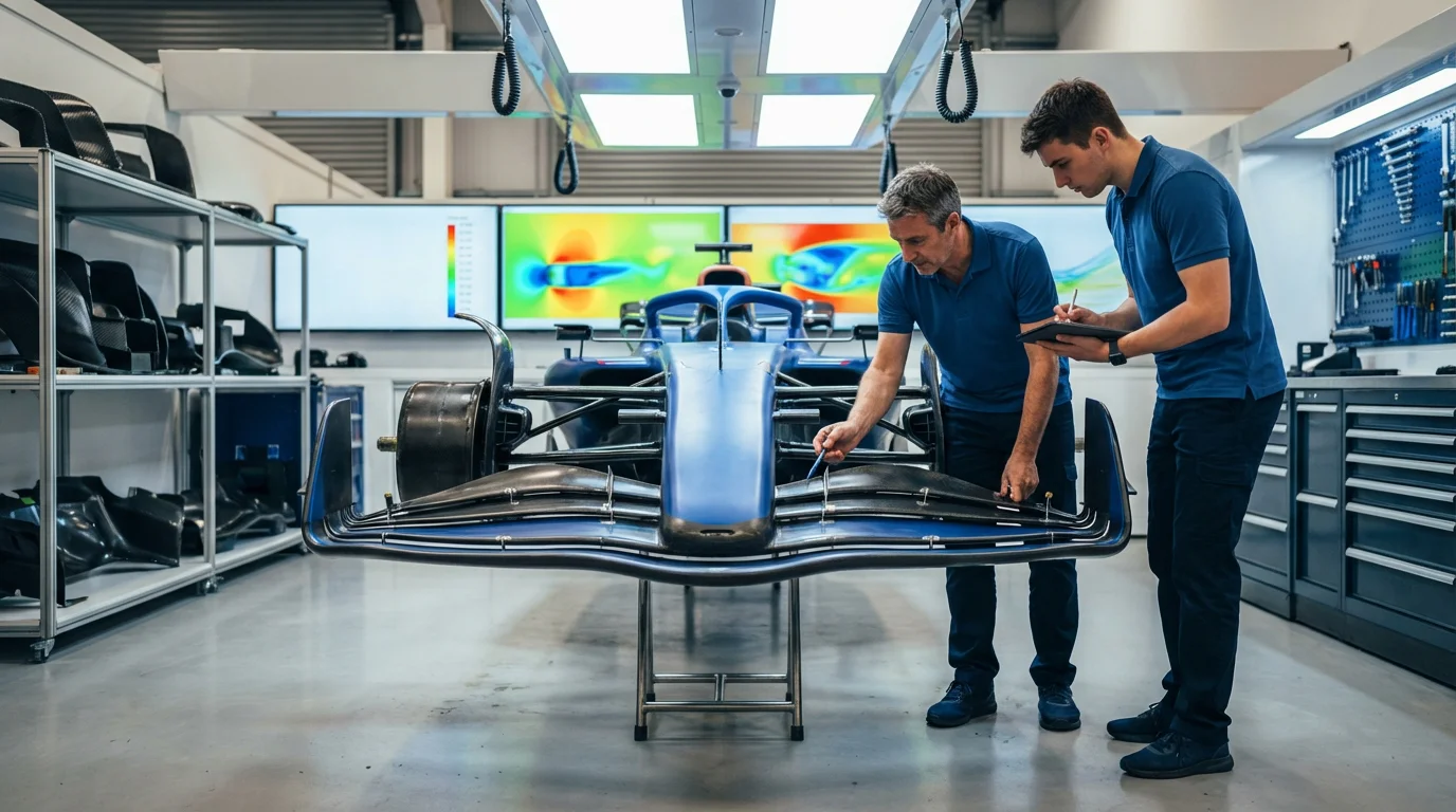 Ingenieros de F1 trabajando en la aerodinámica del monoplaza en el garaje del equipo