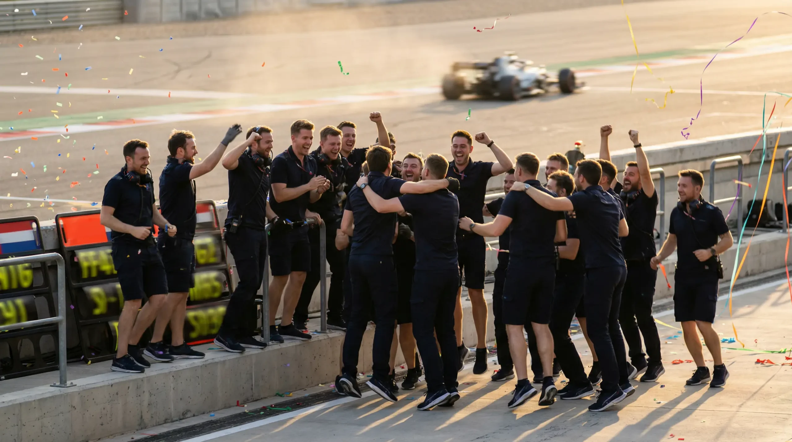 Equipo de Fórmula 1 celebrando el campeonato de constructores en el pit wall del circuito