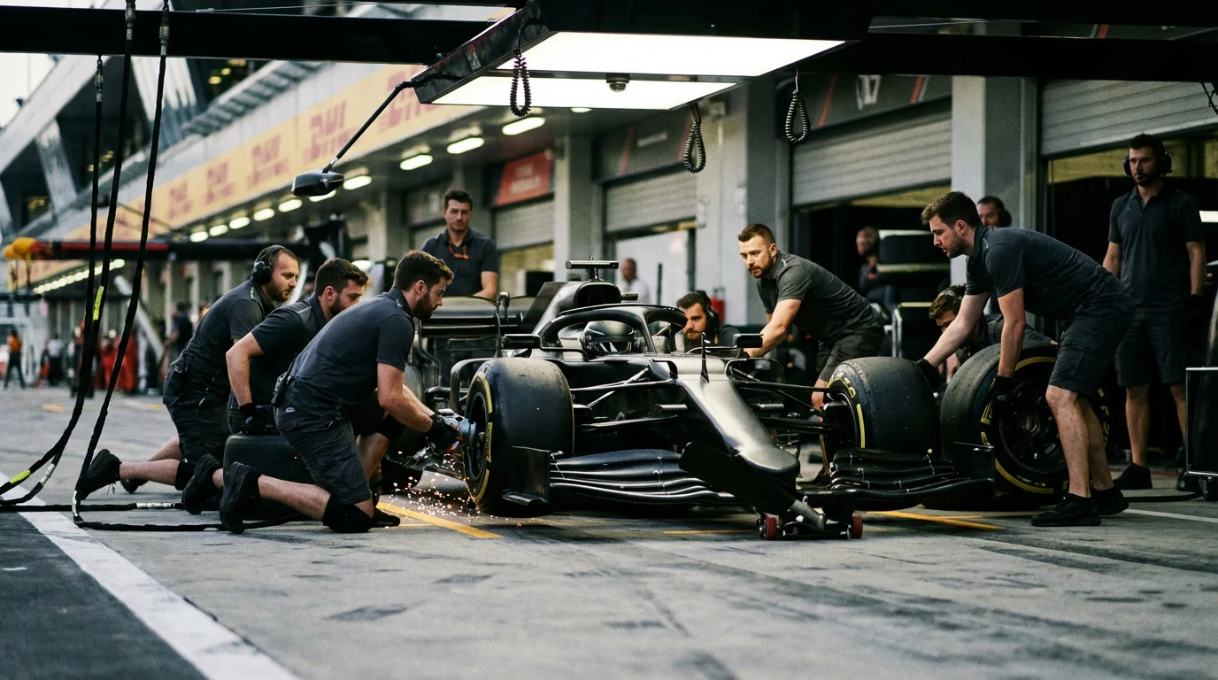 Equipo de F1 trabajando en el monoplaza durante una parada en boxes — dinámica de constructores