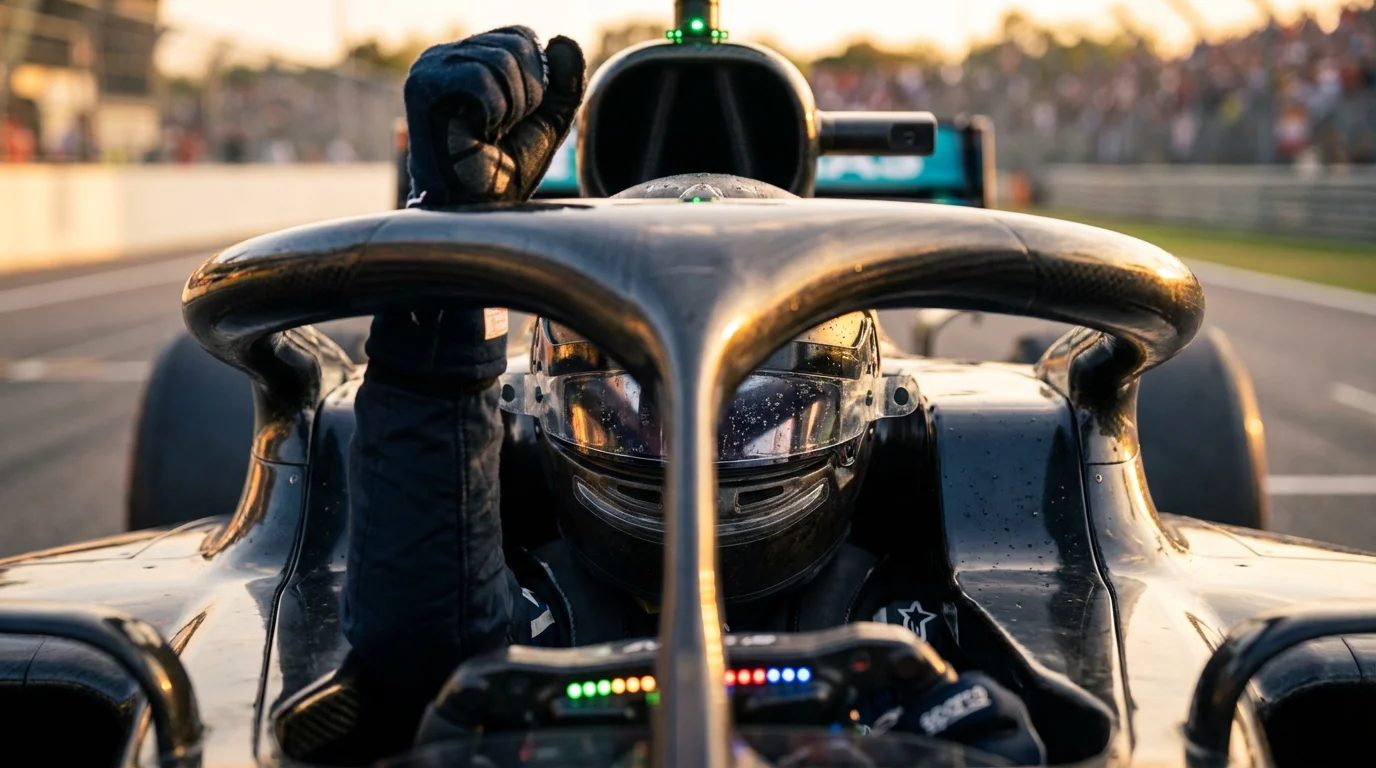 Piloto de F1 con casco levantando el puño dentro del cockpit tras ganar puntos clave para el campeonato