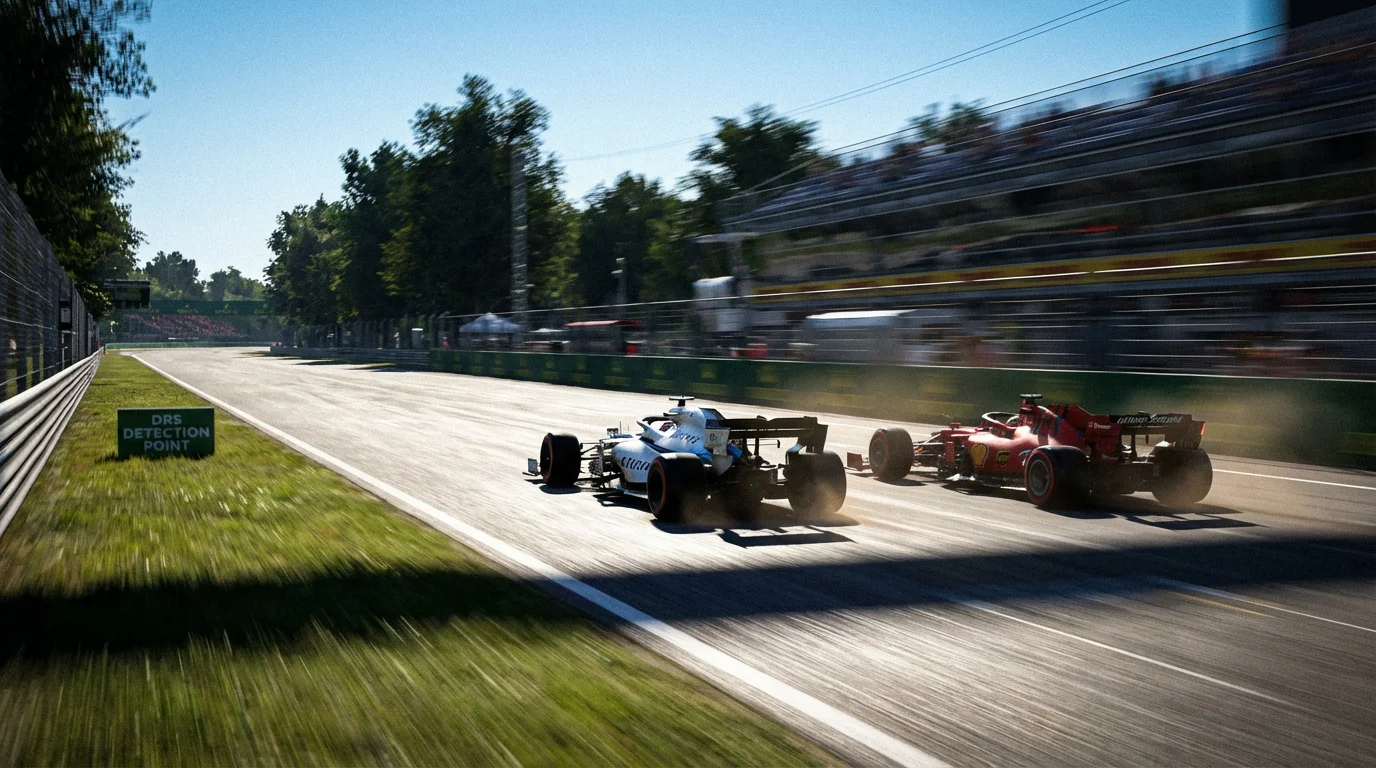Coche de F1 adelantando a otro con el DRS abierto en una recta larga del circuito