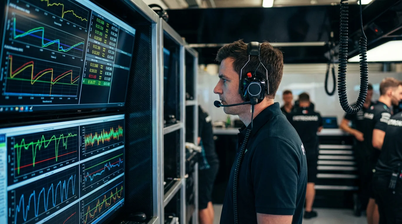 Ingeniero de F1 revisando telemetría y datos de carrera en un monitor del muro de boxes