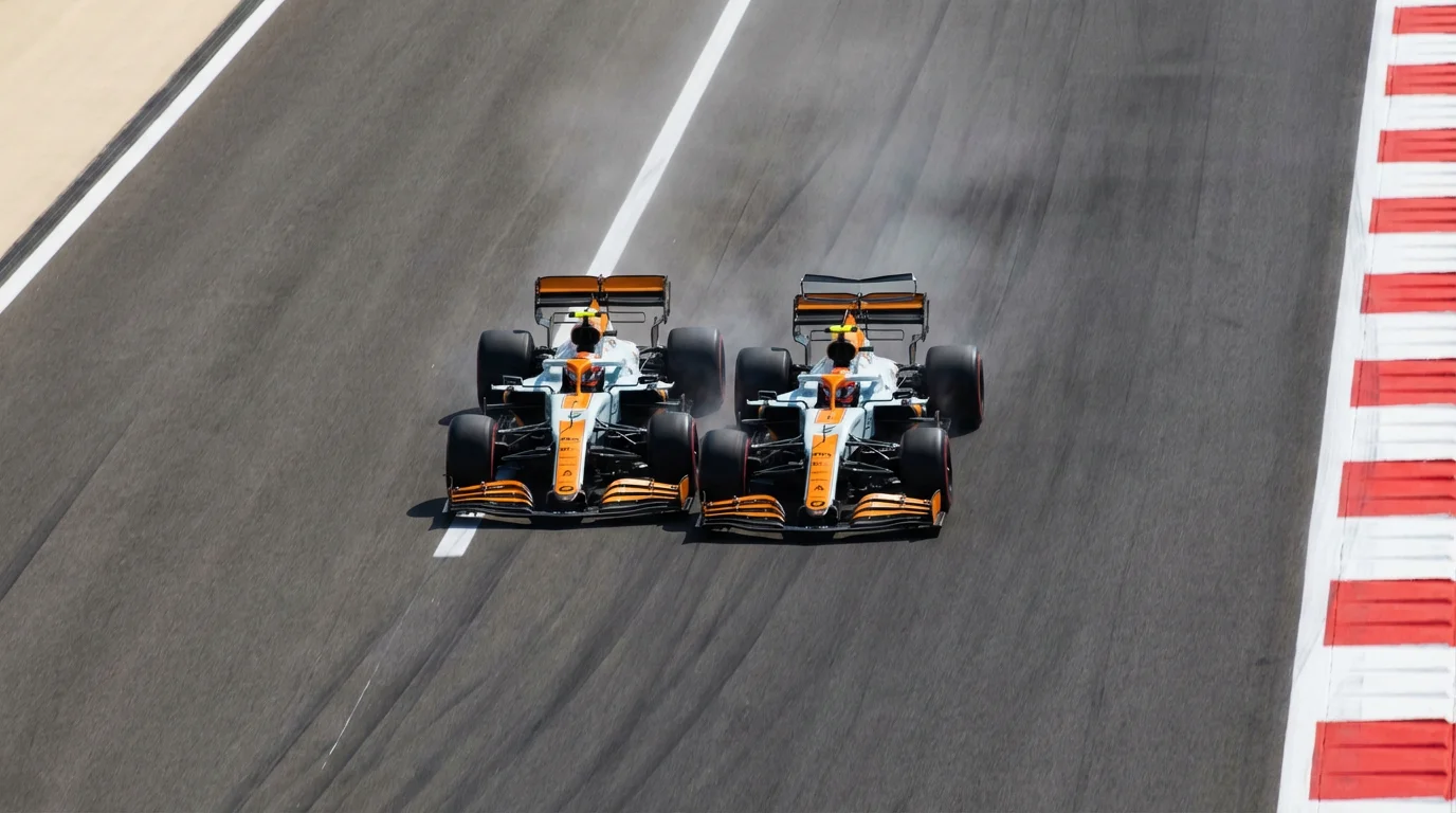 Dos coches de F1 del mismo equipo luchando rueda a rueda en una recta del circuito