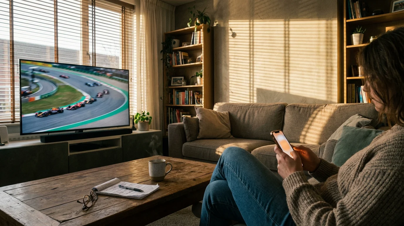 Persona viendo una carrera de F1 en directo en un televisor mientras consulta su teléfono móvil