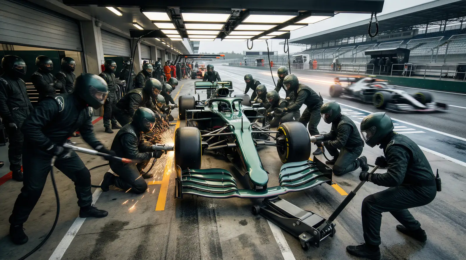 Equipo de mecánicos de F1 realizando un pit stop ultrarrápido cambiando cuatro neumáticos simultáneamente