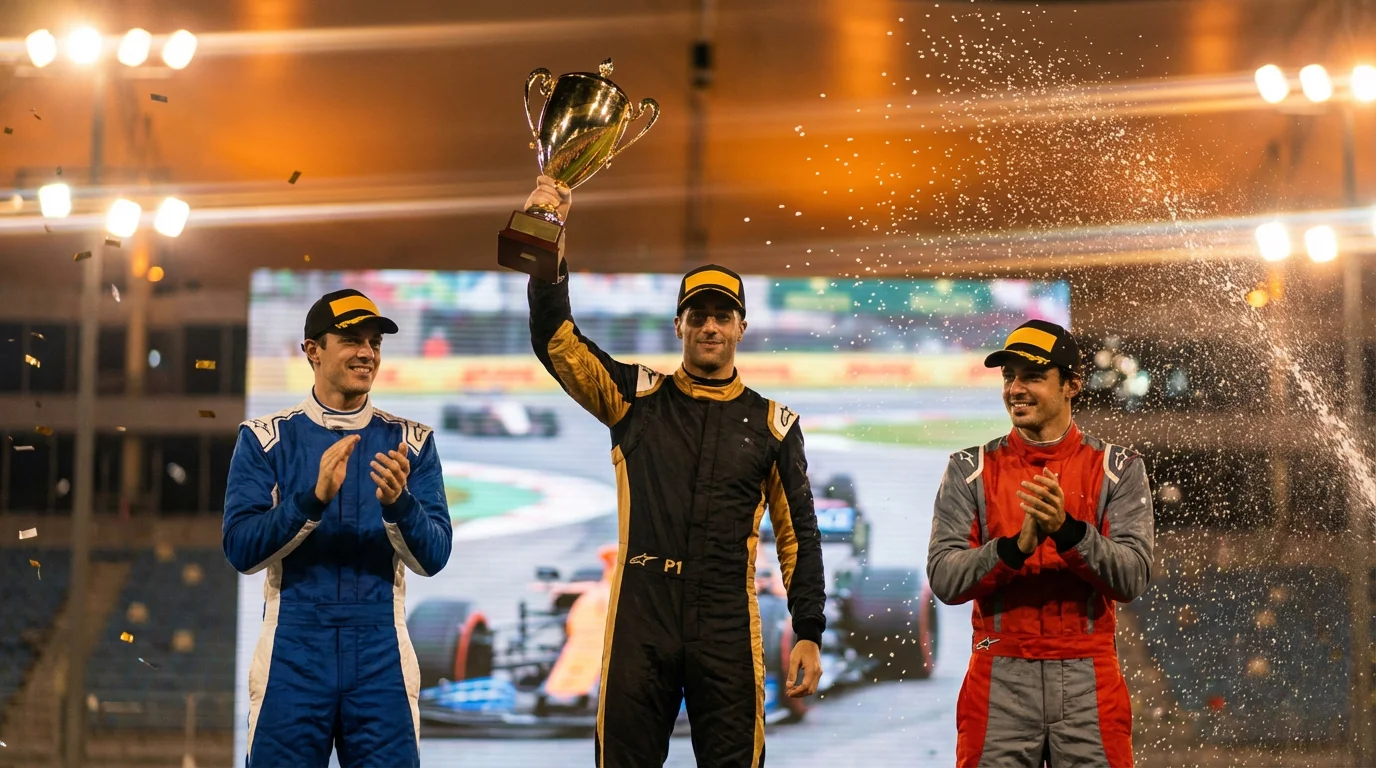 Tres pilotos de F1 celebrando en el podio de un Gran Premio con trofeos y champán