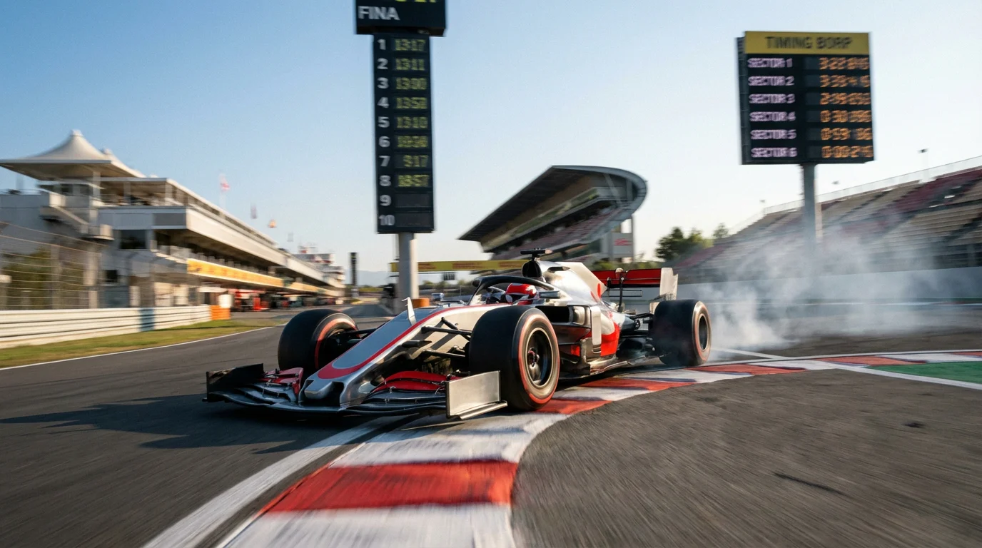 Coche de F1 a alta velocidad en la vuelta de clasificación con cronómetro visible en el circuito