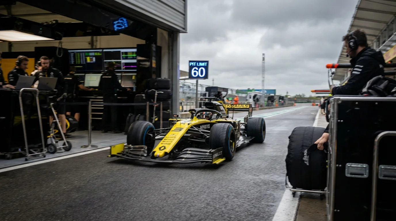 Coche de F1 saliendo del garaje durante una sesión de entrenamientos libres del viernes
