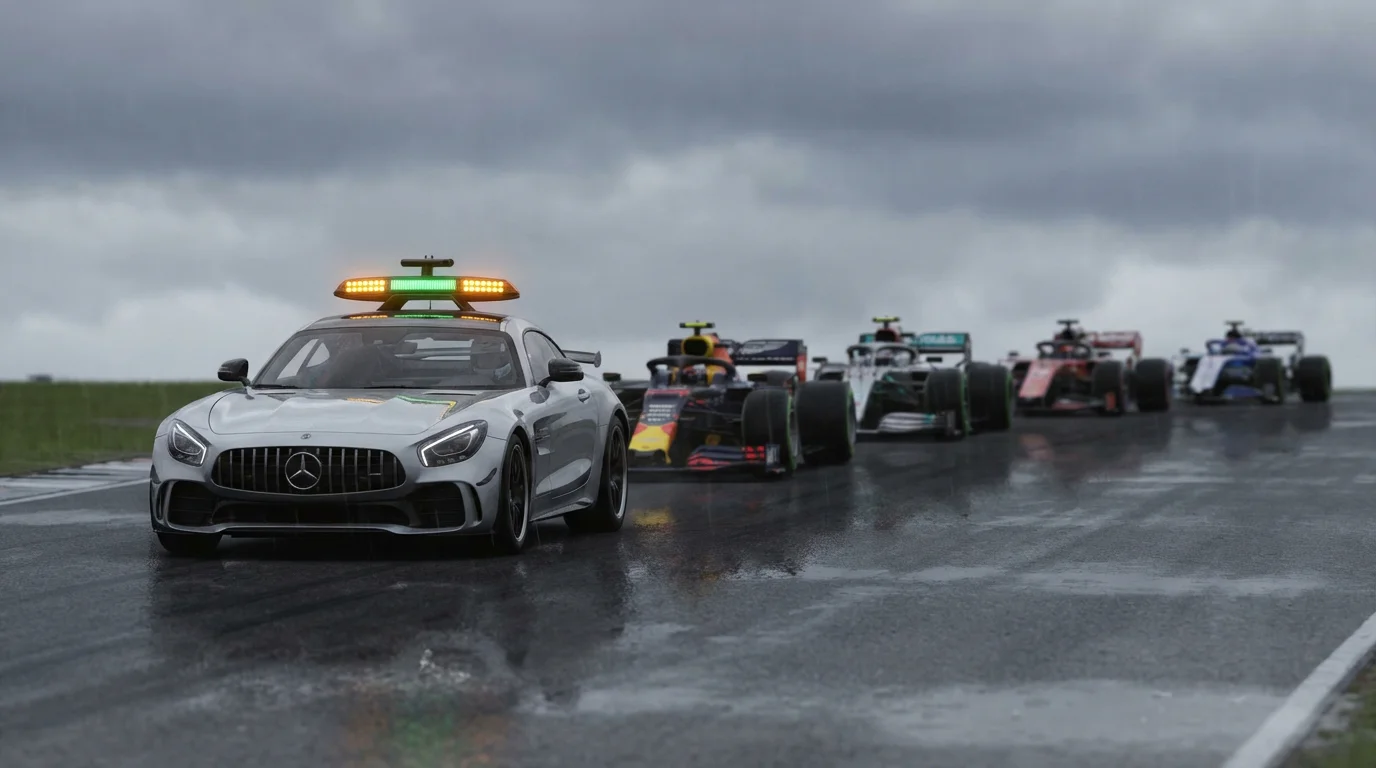 Safety car de F1 con luces encendidas liderando el pelotón en una carrera neutralizada