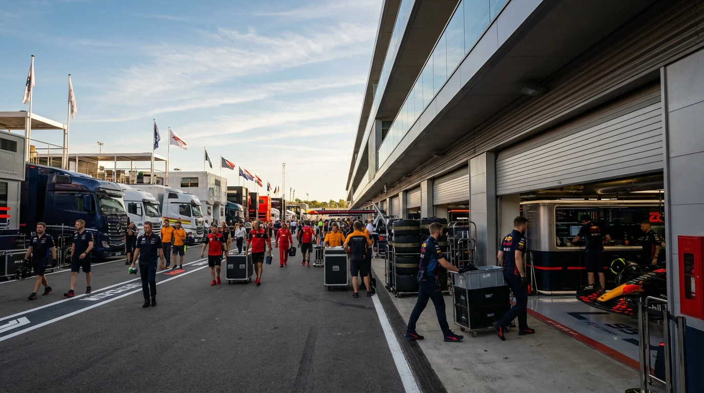 Vista del paddock de F1 durante un fin de semana de Gran Premio con garajes y equipos preparándose