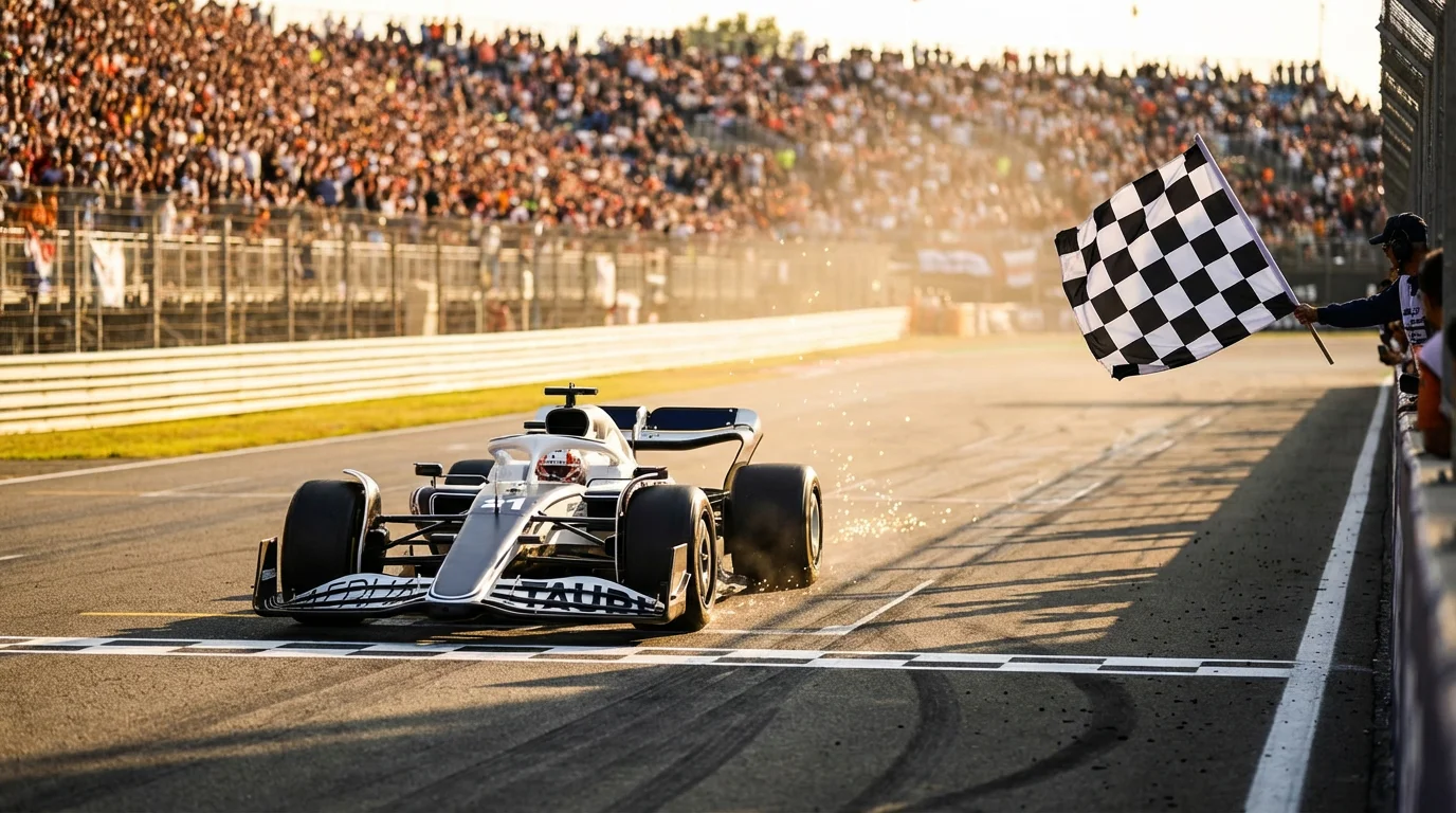 Piloto de Fórmula 1 cruzando la línea de meta en primer lugar durante un Gran Premio