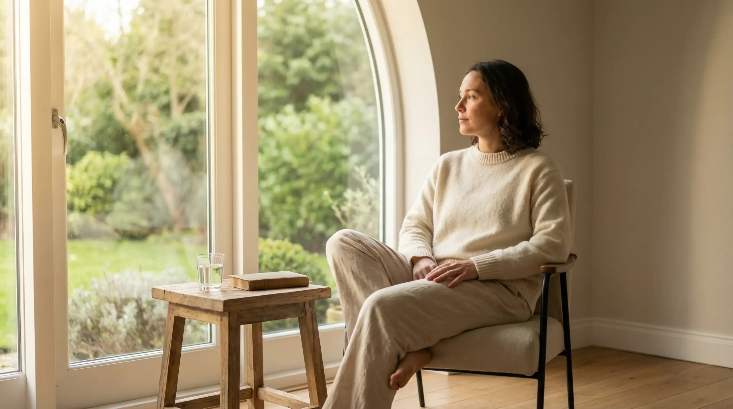 Persona reflexionando con calma junto a una ventana con luz natural simbolizando autocontrol y bienestar