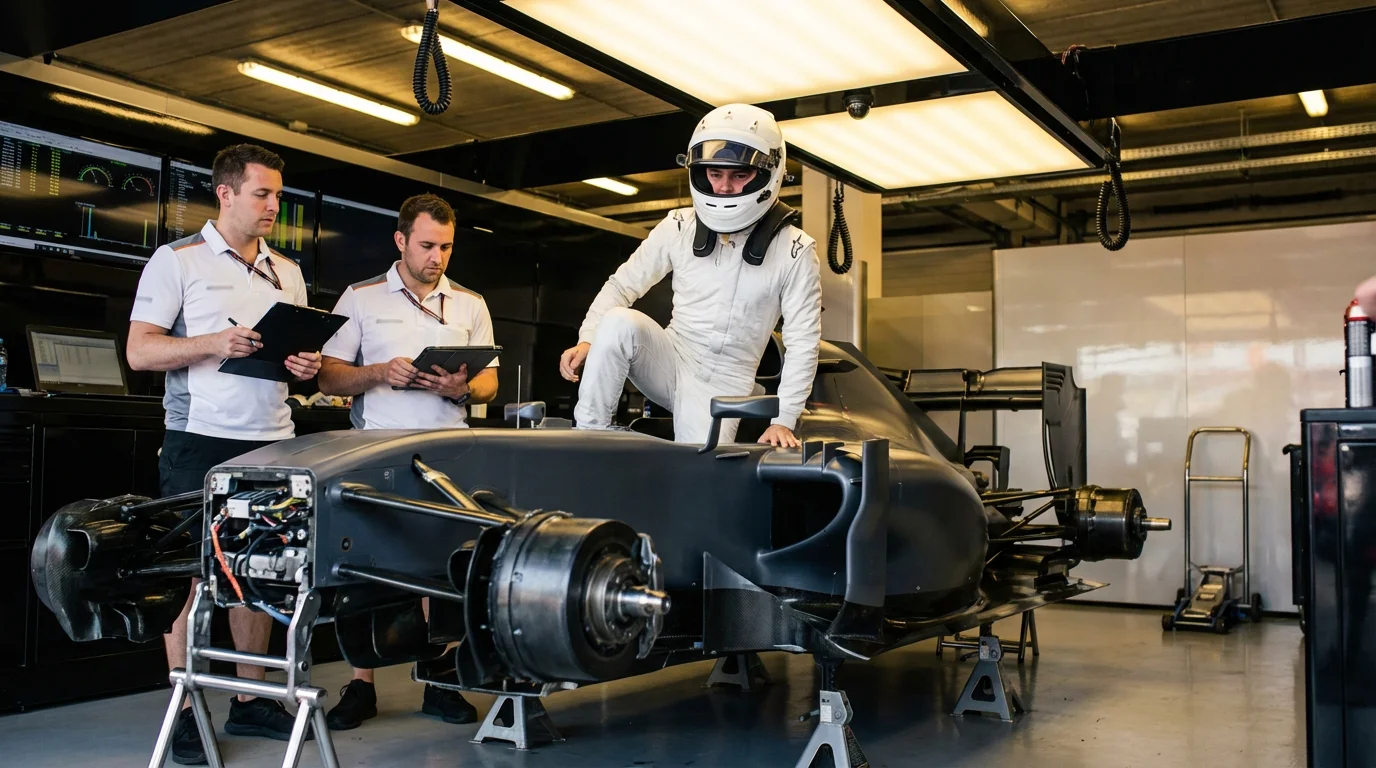 Piloto nuevo de F1 sentándose en el cockpit de su monoplaza por primera vez con el equipo observando