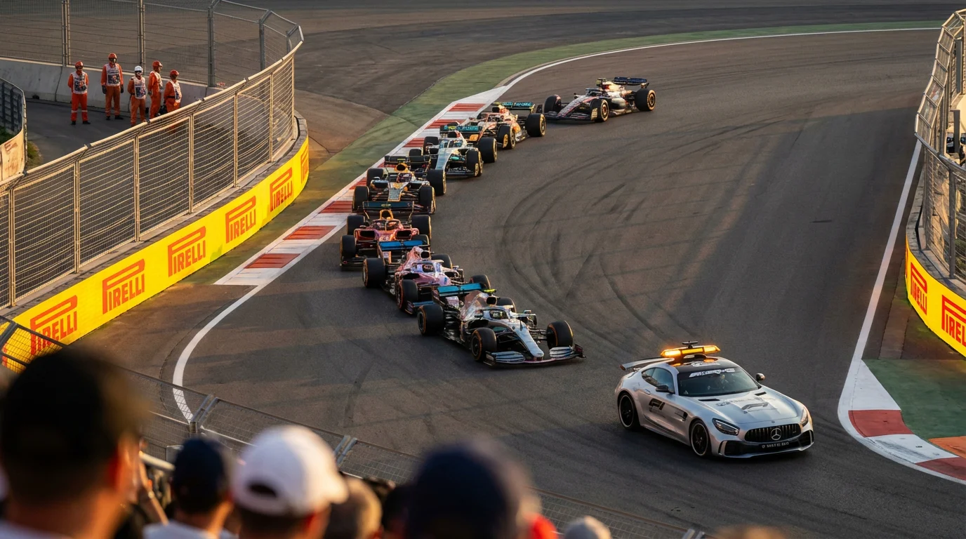 Pelotón de F1 agrupado detrás del safety car con paneles de luces LED amarillas en el circuito
