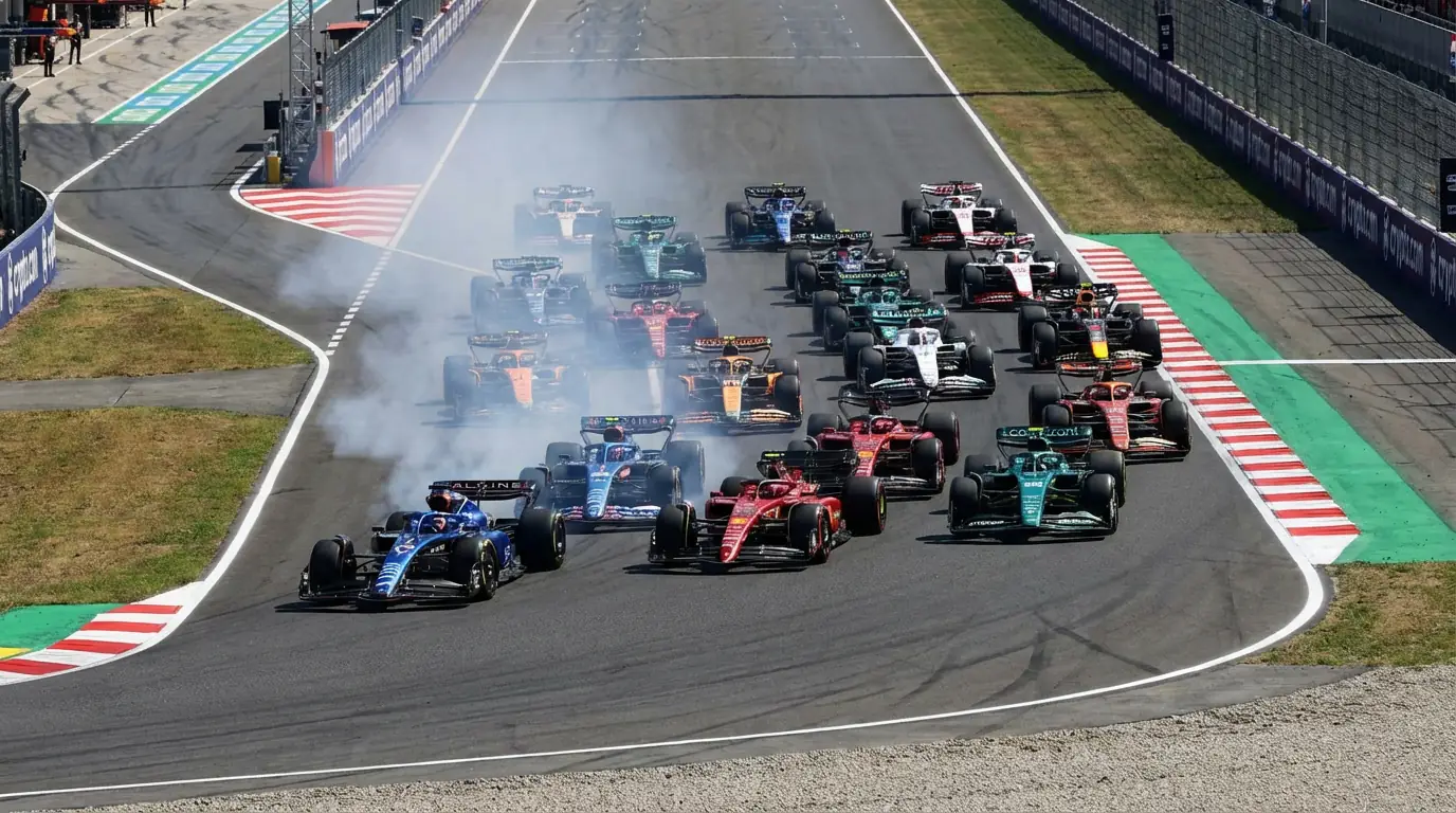 Salida de una carrera sprint de F1 con los coches agrupados luchando en la primera curva