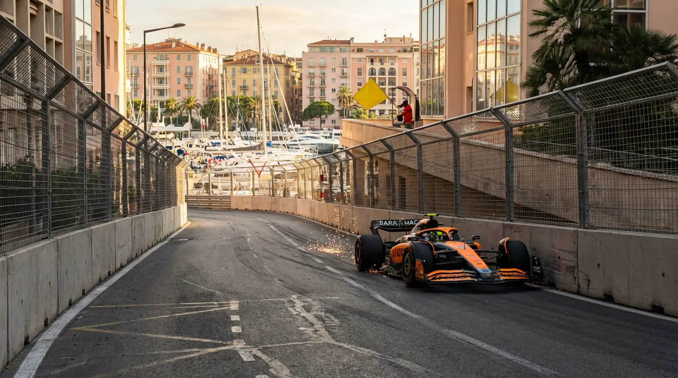 Coche de F1 rozando los muros de un circuito urbano con edificios de la ciudad de fondo