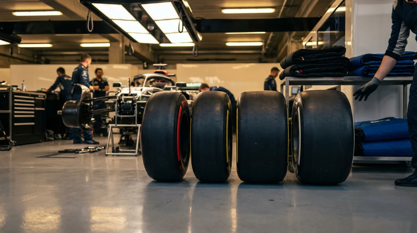 Conjunto de neumáticos de F1 de diferentes compuestos alineados en el garaje de un equipo