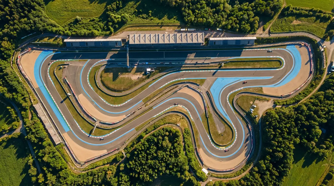Vista aérea de un circuito de Fórmula 1 con sus curvas, rectas y zonas de escapatoria visibles