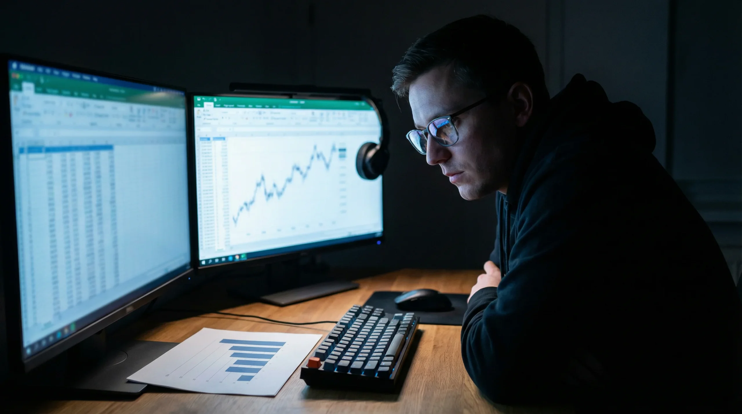 Analista deportivo estudiando datos de Fórmula 1 con gráficos en una pantalla de ordenador
