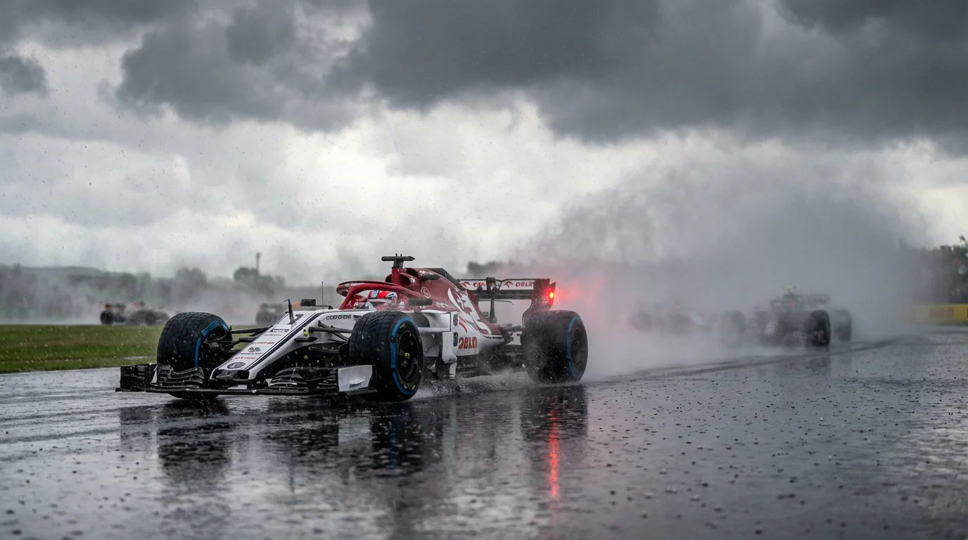 Coche de F1 con neumáticos de lluvia levantando spray de agua en una carrera bajo la lluvia